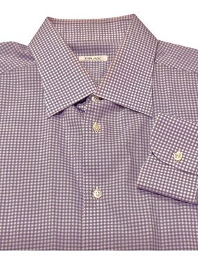 Fray Mens Italian Dress Shirt Size V 44 17.5 in Purple White Gingham 100% Cotton